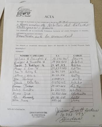 Ejemplo de acta de visita completada — Asociación de Árbitros del Estado Portuguesa, con listado de asistentes, cédulas, cargos, firmas y sello institucional al pie