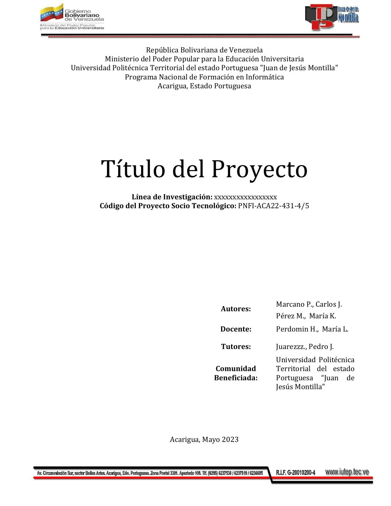 Modelo oficial de portada UPTP / PNFI — plantilla en blanco con encabezado institucional, "Título del Proyecto", línea de investigación, código del proyecto, autores, docente, tutores, comunidad beneficiada y fecha
